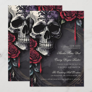 Invitación Elegante boda gótica de cráneo y rosas