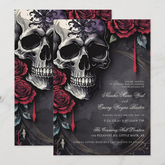 Invitación Elegante boda gótica de cráneo y rosas