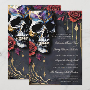 Invitación Elegante boda gótica de cráneo y rosas rojas