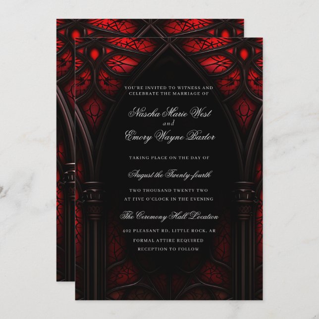 Invitación Elegante Boda gótico de la Catedral Roja y Negra (Anverso / Reverso)