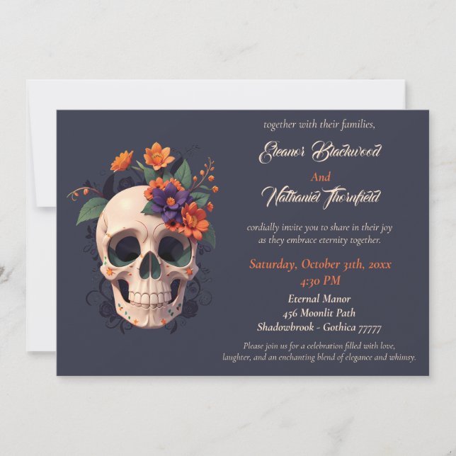 Invitación Elegante Boda gótico del cráneo floral 3D (Anverso)