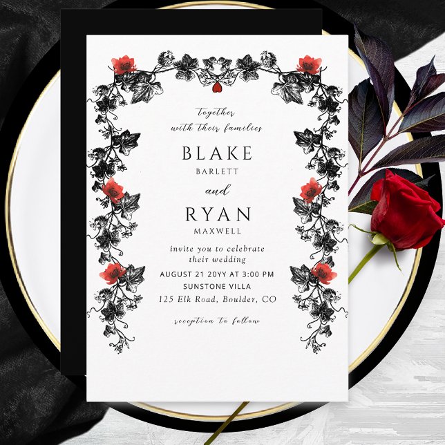 Invitación Elegante Boda gótico negro y rojo victoriano (Subido por el creador)