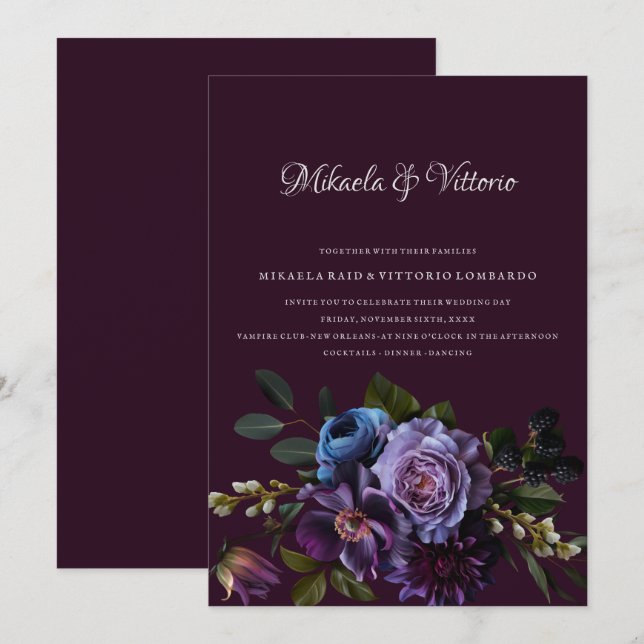 Invitación Elegante Boda gótico oscuro de flores (Anverso / Reverso)