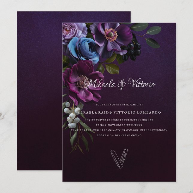 Invitación Elegante Boda gótico oscuro de flores (Anverso / Reverso)