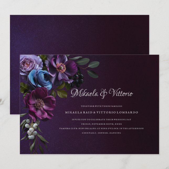 Invitación Elegante Boda gótico oscuro de flores (Anverso / Reverso)