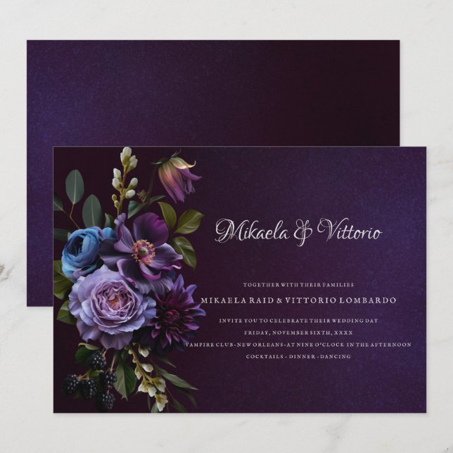 Invitación Elegante Boda gótico oscuro de flores (Anverso / Reverso)