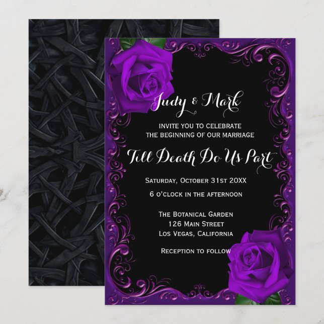 Invitación Elegante Boda Gótico Rosas Púrpura (Anverso / Reverso)