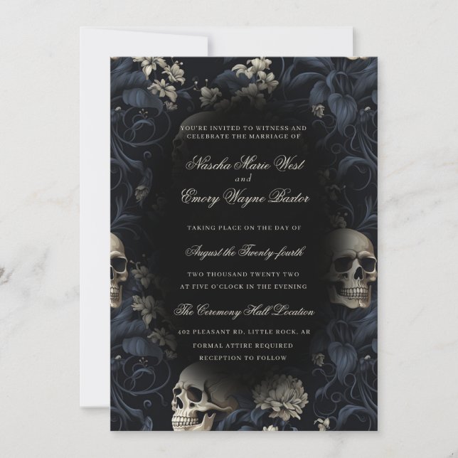 Invitación Elegante Boda Gótico Skulls & Flowers (Anverso)