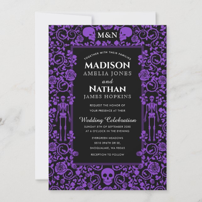 Invitación Elegante Boda gótico victoriano morado y negro (Anverso)