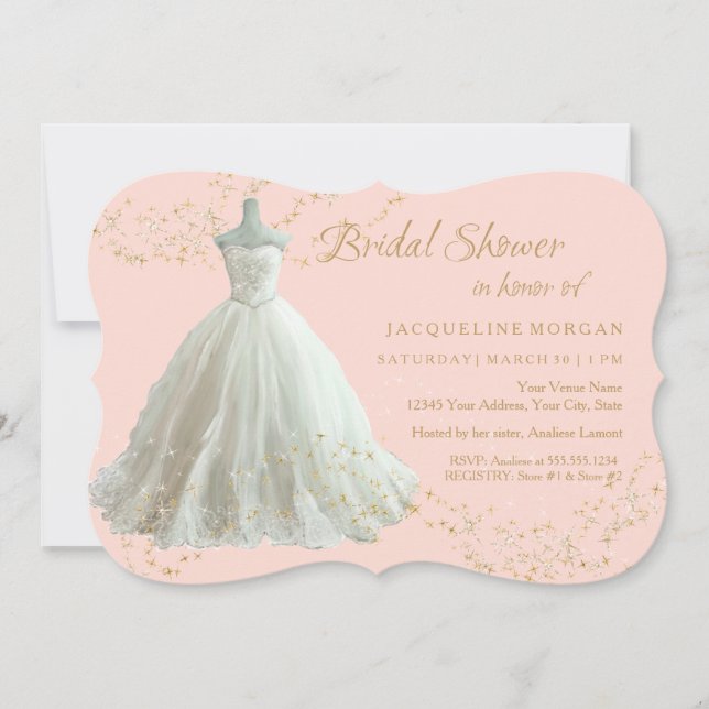 Invitación Elegante Boda Gown Gold Sparkle Bridal Shower (Anverso)