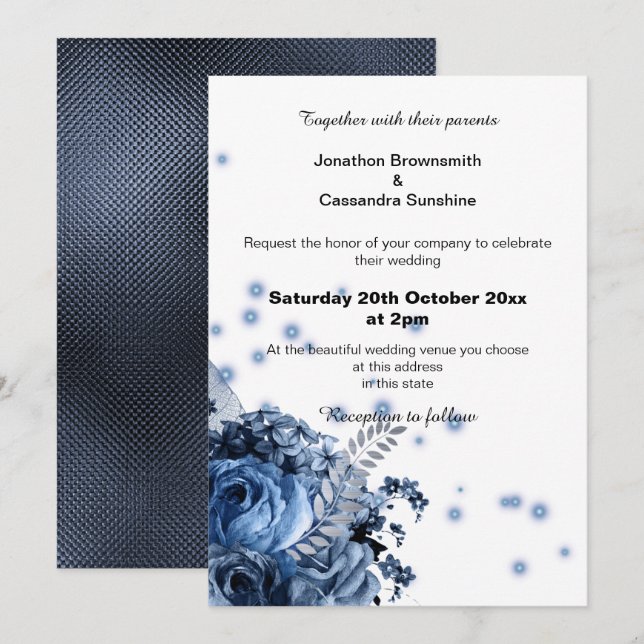 INVITACIÓN ELEGANTE BODA GRABADO EN RELIEVE FLORAL AZUL DE BO (Anverso / Reverso)