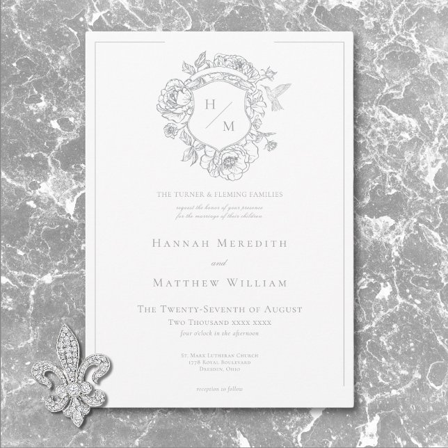 Invitación Elegante Boda Gray Chinoiserie Bird & Escudo (Elegant Gray Chinoiserie Bird & Crest Wedding Invitation)