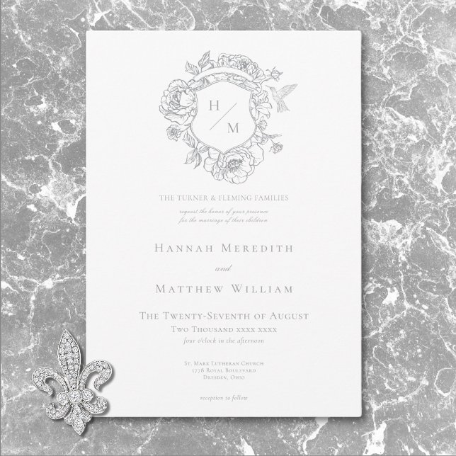 Invitación Elegante Boda Gray Chinoiserie Bird & Escudo (Elegant Gray Chinoiserie Bird & Crest Wedding Invitation)