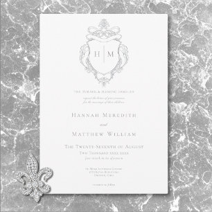Invitación Elegante Boda Gray Chinoiserie Bird & Escudo