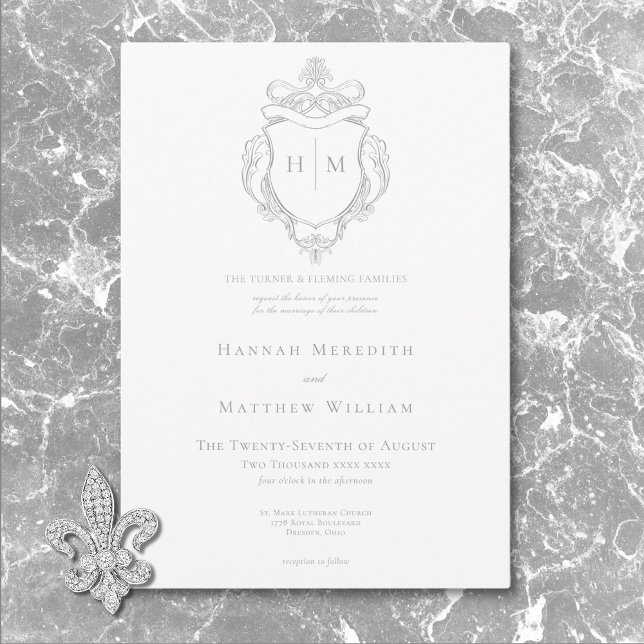 Invitación Elegante Boda Gray Chinoiserie Bird & Escudo (Elegant Gray Chinoiserie Bird & Crest Wedding Invitation)