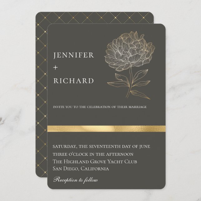 Invitación Elegante Boda Gris Botánico Floral Oro (Anverso / Reverso)