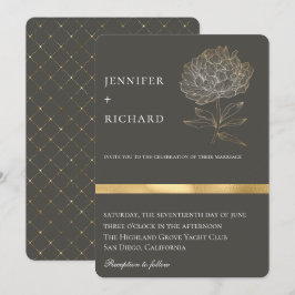Invitación Elegante Boda Gris Botánico Floral Oro