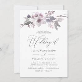 Invitación Elegante Boda Gris de Invierno de Flores Púrpura