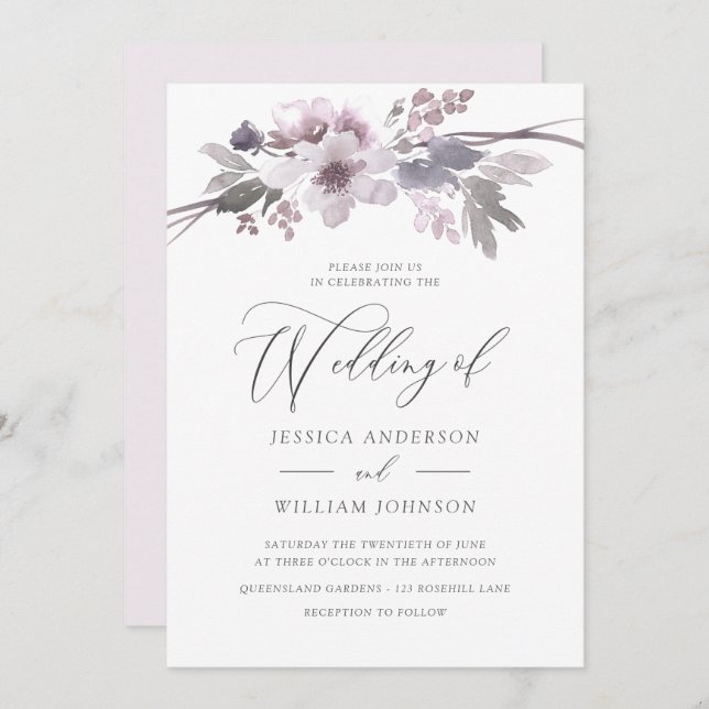 Invitación Elegante Boda Gris de Invierno de Flores Púrpura (Anverso / Reverso)
