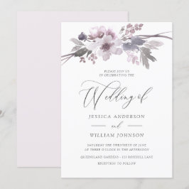 Invitación Elegante Boda Gris de Invierno de Flores Púrpura