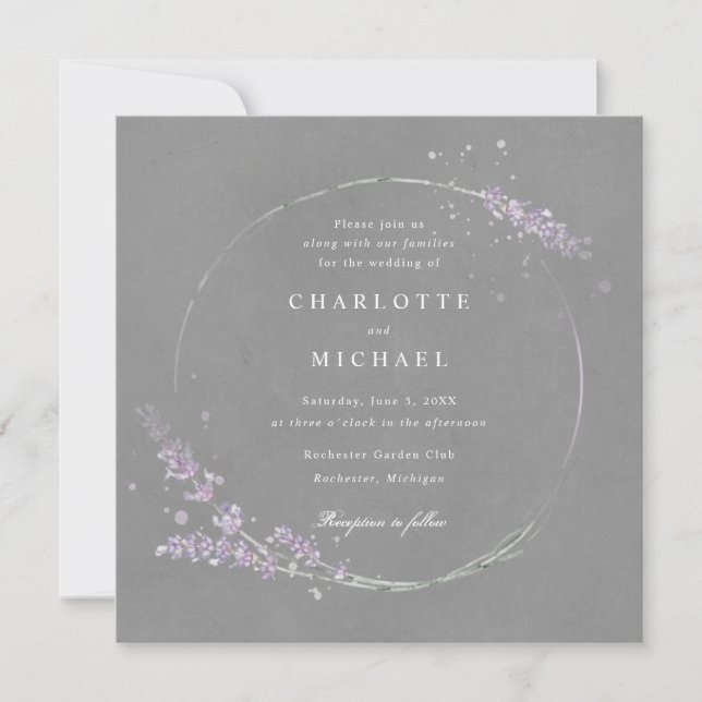 Invitación Elegante boda gris de lavanda de acuarela (Anverso)