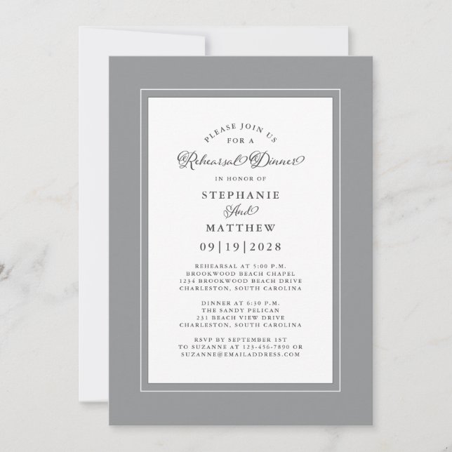 Invitación Elegante Boda Gris Final Ensayo Cena (Anverso)