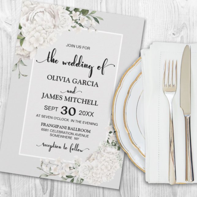 Invitación Elegante Boda gris floral blanco (Subido por el creador)