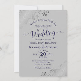 Invitación Elegante Boda gris formal de la marina de encaje p