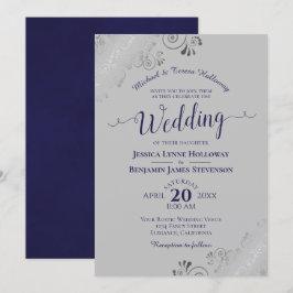 Invitación Elegante Boda gris formal de la marina de encaje p