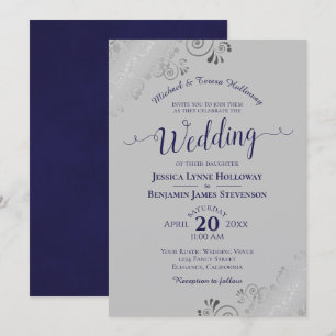 Invitación Elegante Boda gris formal de la marina de encaje p