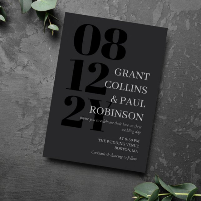 Invitación Elegante Boda Gris Oscuro y Tipografía Negra (Subido por el creador)