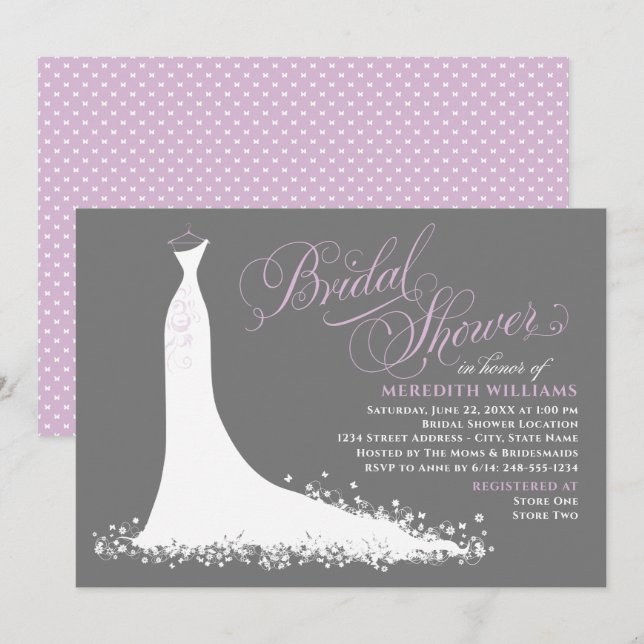 Invitación Elegante Boda Gris Púrpura Ducha Gown Bridal (Anverso / Reverso)