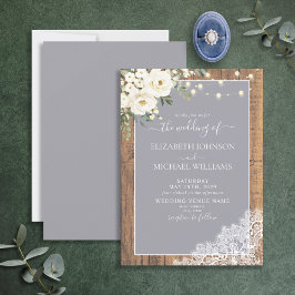 Invitación Elegante Boda Gris Rustic Wood Lace Script