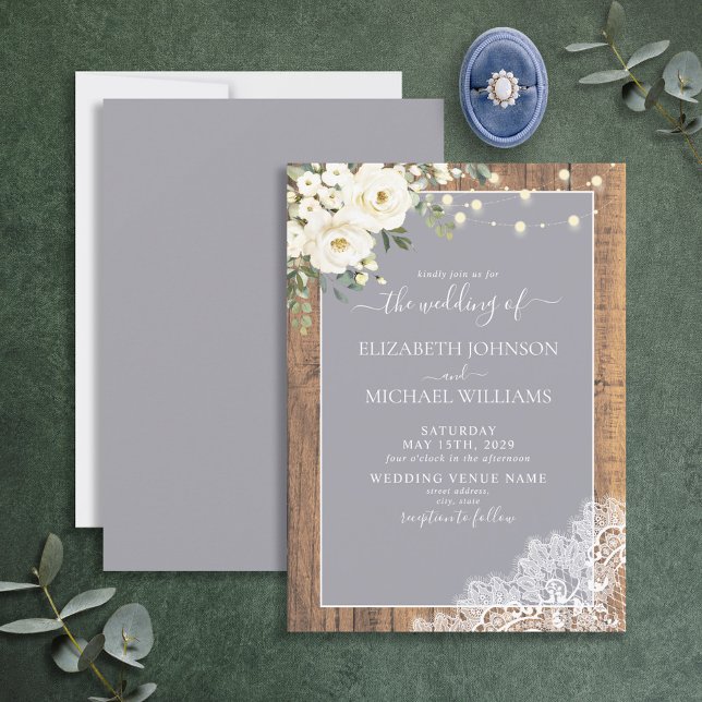 Invitación Elegante Boda Gris Rustic Wood Lace Script (Subido por el creador)