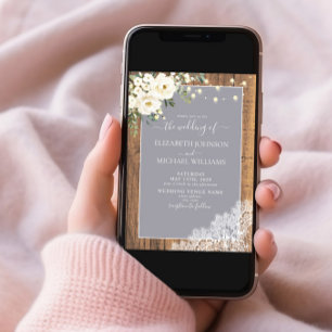 Invitación Elegante Boda Gris Rustic Wood Lace Script