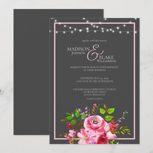 Invitación Elegante Boda gris y rosa de carbón vegetal (Anverso / Reverso)