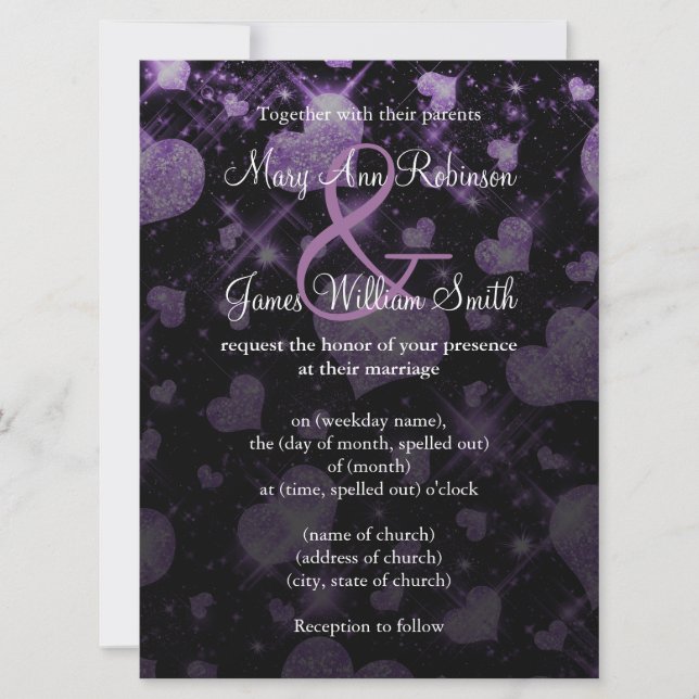 Invitación Elegante boda guardar la fecha brillo corazón púrp (Anverso)