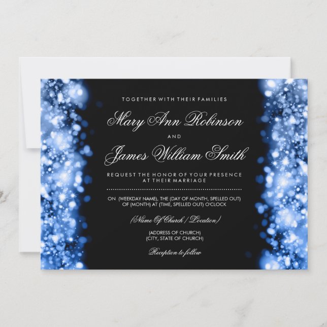 Invitación Elegante boda guardar la fecha luces azul (Anverso)