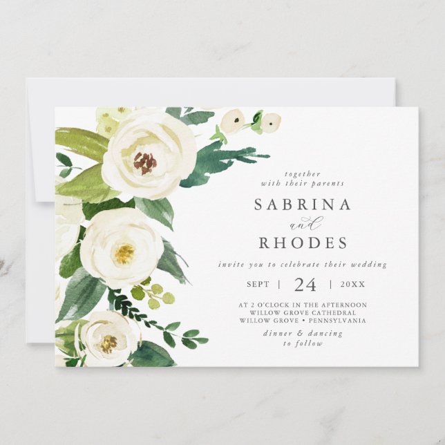 Invitación Elegante Boda horizontal floral blanca (Anverso)