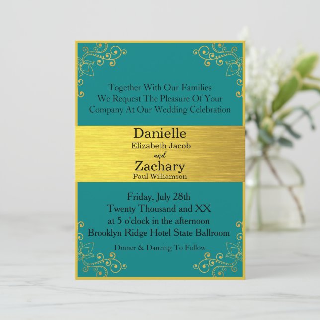 Invitación Elegante Boda horizontal Verde azulado y dorado (Anverso de pie)
