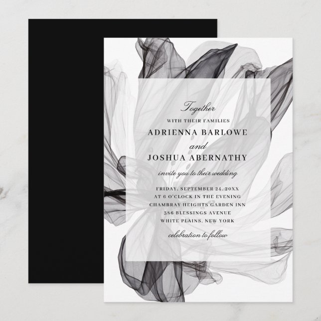 Invitación Elegante Boda humeante floral negro y blanco (Anverso / Reverso)