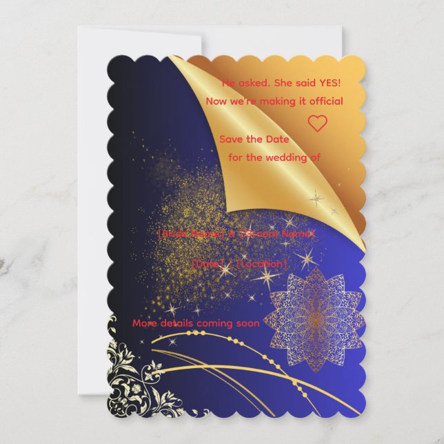 Invitación Elegante boda india azul real y dorado (Anverso)