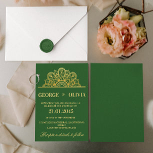 Invitación Elegante Boda India Mandala Verde Oscuro y Dorado