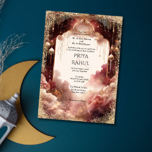 Invitación Elegante Boda India Vintage Granate Dorado