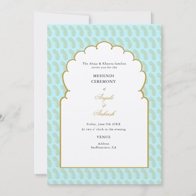 Invitación Elegante boda indio de Aqua Arch Mehendi Ceremony (Anverso)