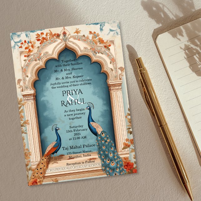Invitación Elegante Boda indio de los Peacocks de Oro Azul Vi (indian wedding invitation, blue and beige, with two peacocks)