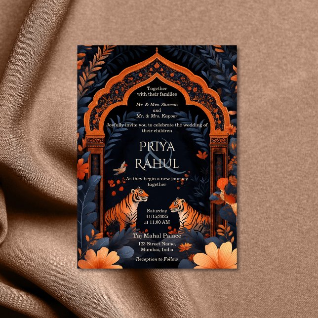 Invitación Elegante Boda indio de los Tigres de la Marina de  (indian wedding invitation with two tigers)