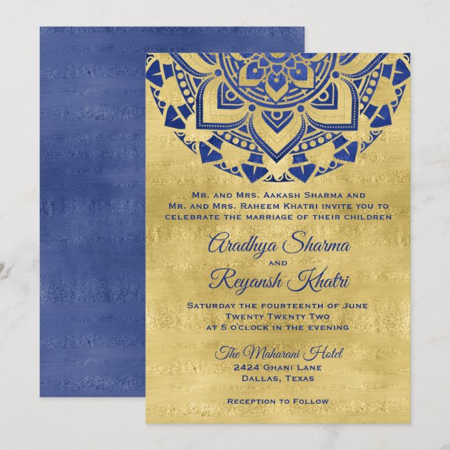 Invitación Elegante Boda indio de Mandala dorada azul (Anverso / Reverso)