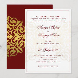 Invitación Elegante Boda indio de Mandala dorada rojo borgoña