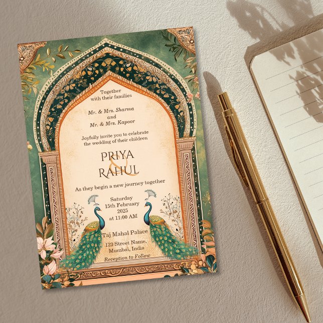 Invitación Elegante Boda indio de oro de lujo (green and gold indian wedding invitation with peacocks)